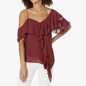Revolve Bailey 44 Ruffled cold shoulder asymmetrical blouse in Saffron Red
